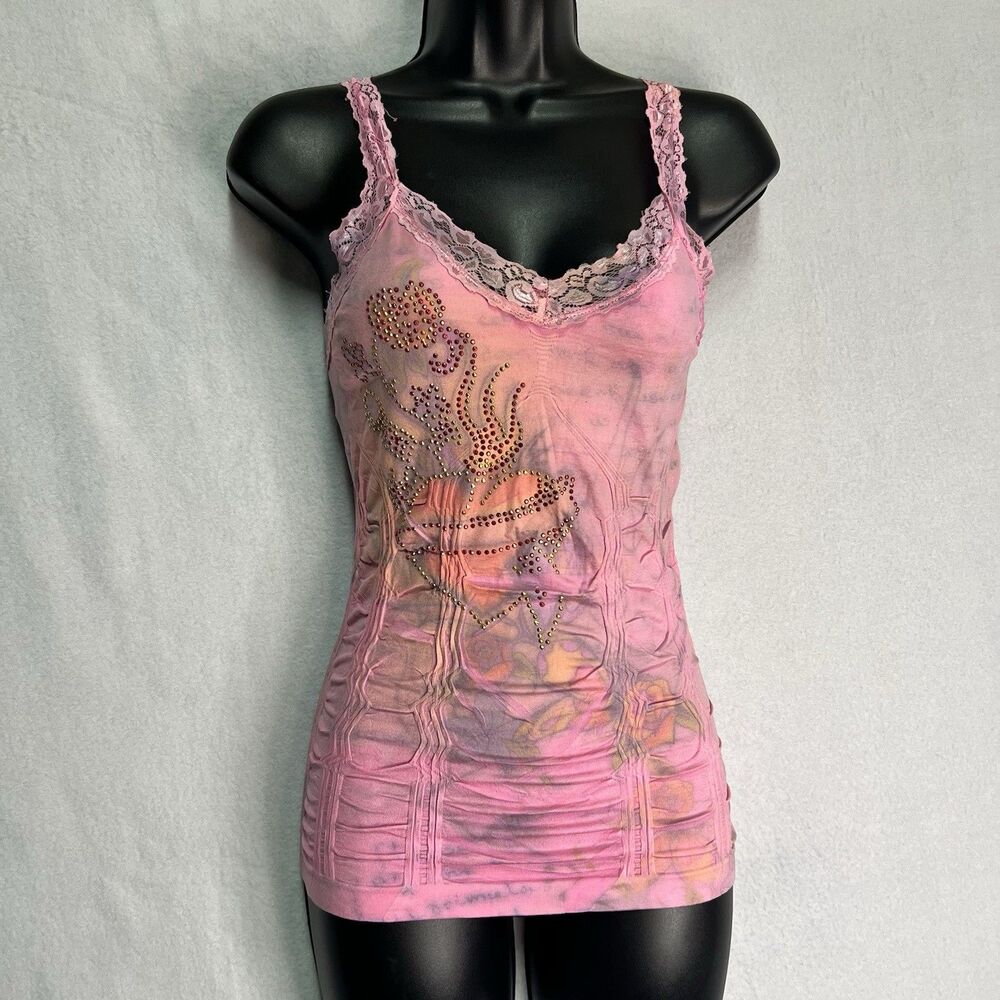 Y2K Pink Rhinestone Lace Cami Fairycore Grunge Coquette Tattoo Going Out Top O/S